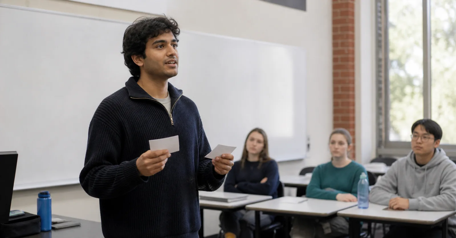 A university student presenting to a class using two palm cards